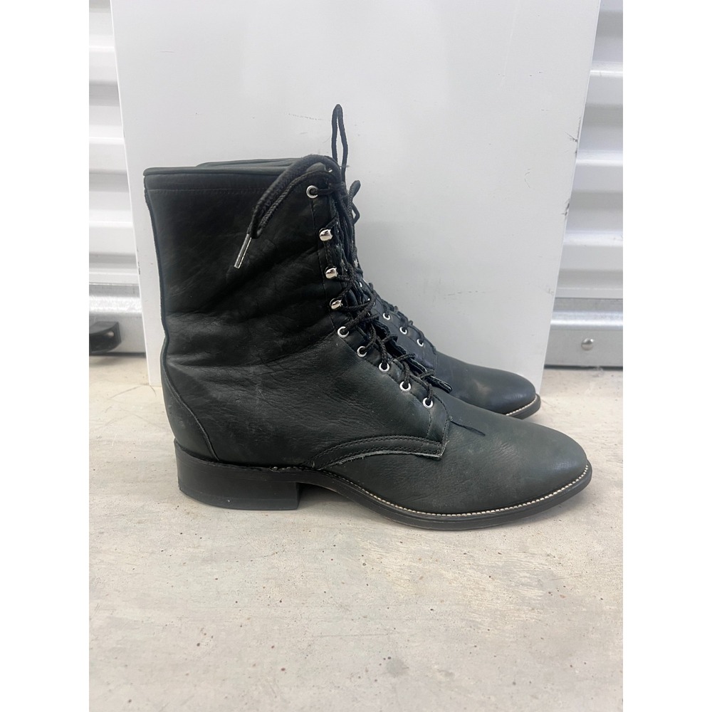 Vintage Laredo Roper Boots Mens US 10D Black Leather Lace Up Round Toe Mid Calf